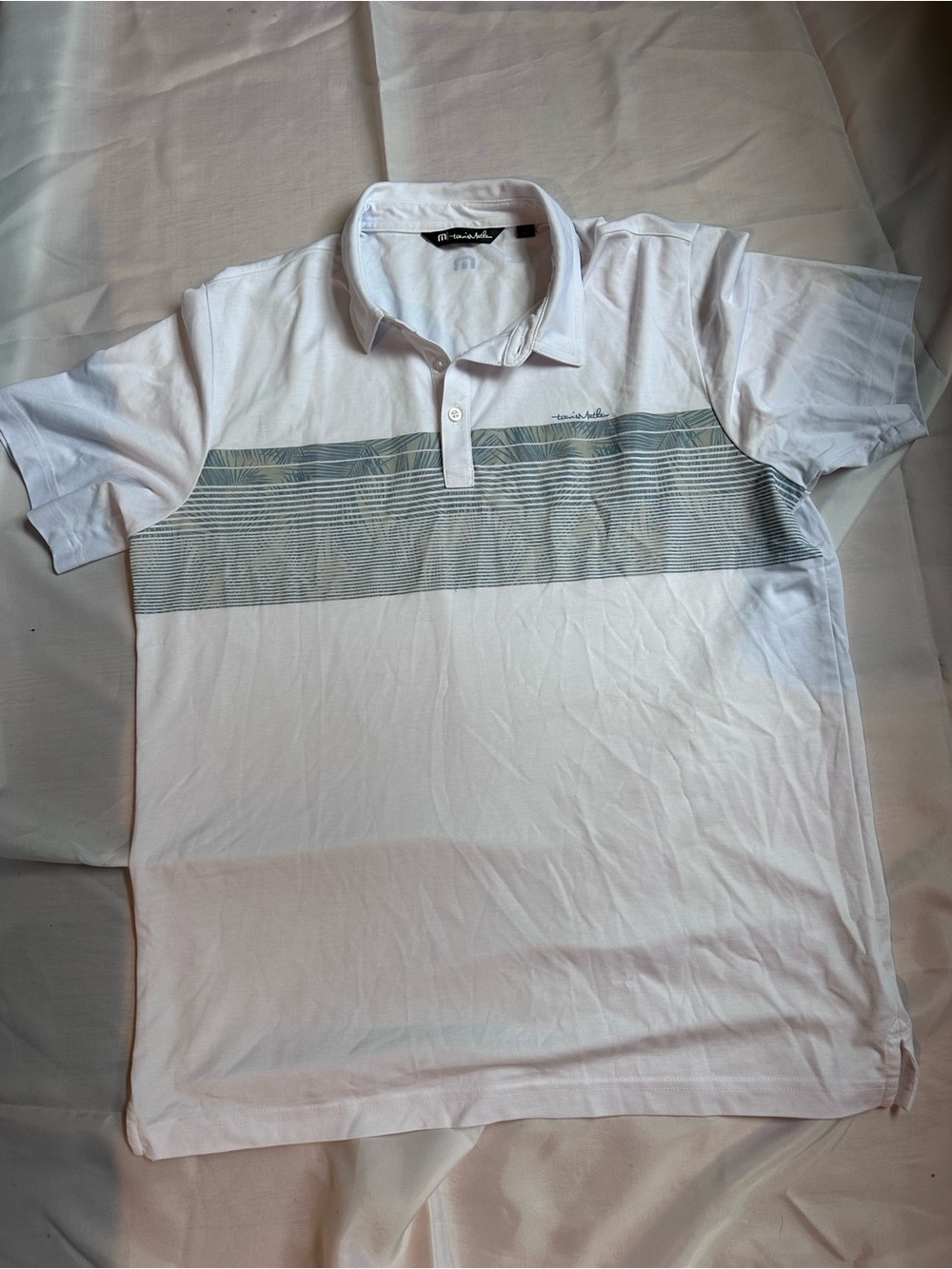 Travis Matthew White Men's Golf Polo Shirt with Subtle Gray Stripe